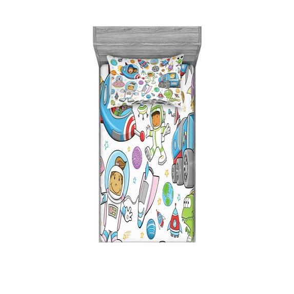 Ambesonne Cartoon Fitted Sheet & Pillow Sham Set, Space Rocket, Twinxl, Multicolor