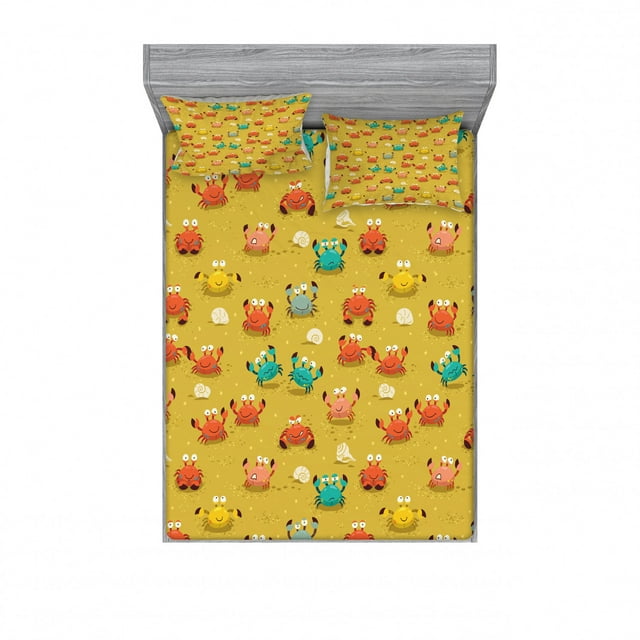 Ambesonne Cartoon Fitted Sheet & Pillow Sham Set, Star and Shells Pattern, Full, Pale Coffee