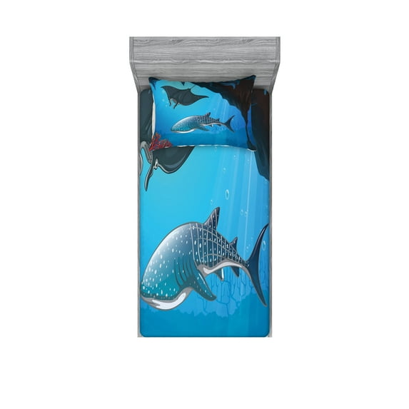 Ambesonne Cartoon Fitted Sheet & Pillow Sham Set, Swimming Shark Ocean, Twinxl, Blue Grey