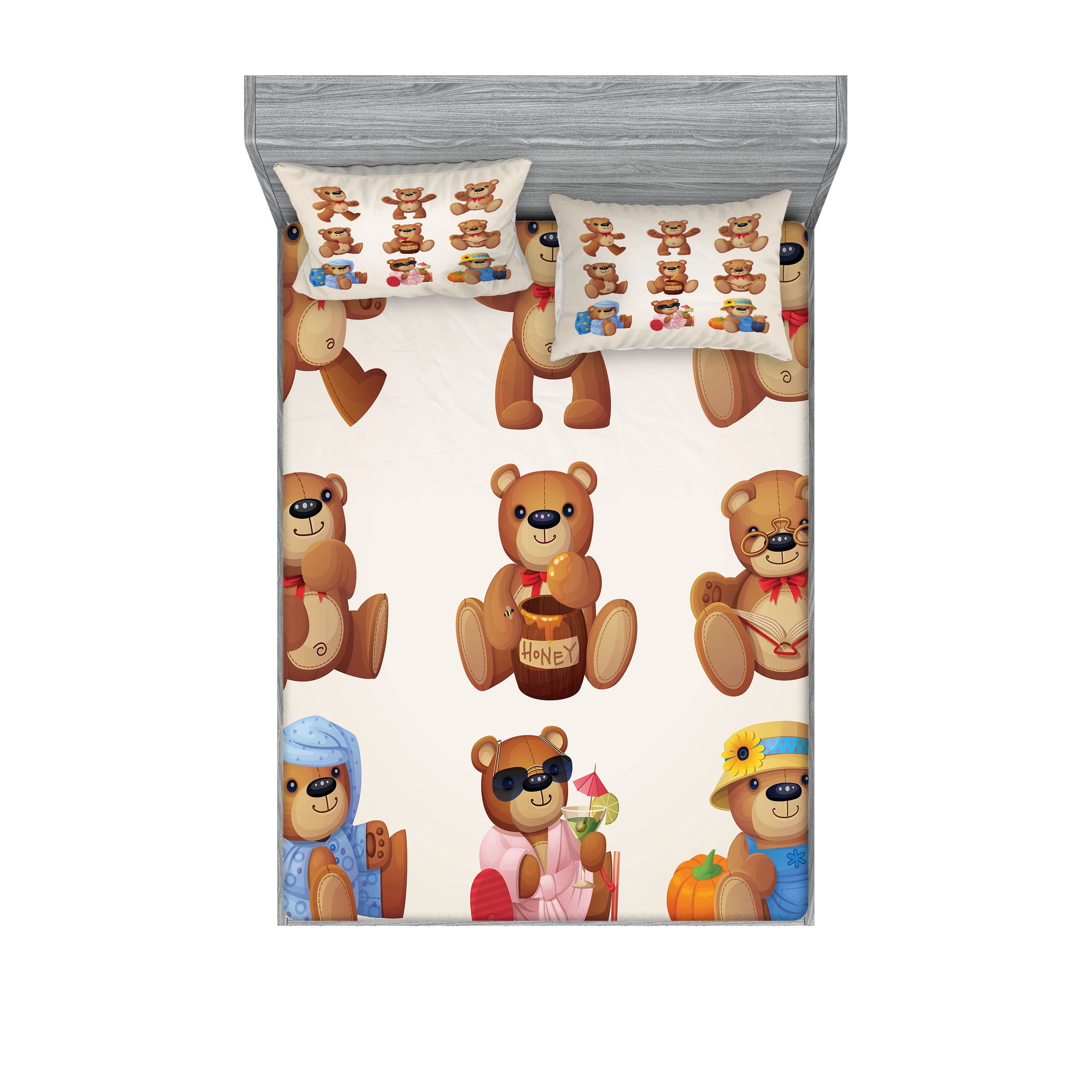 Full White Microfiber Teddy Bear Print Bedding Set