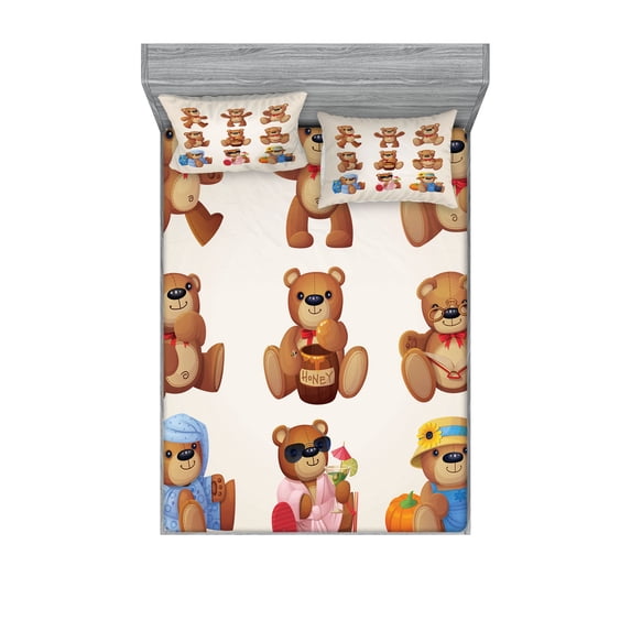 Ambesonne Cartoon Fitted Sheet & Pillow Sham Set, Teddy Bear Design, Queen, Chocolate Cream
