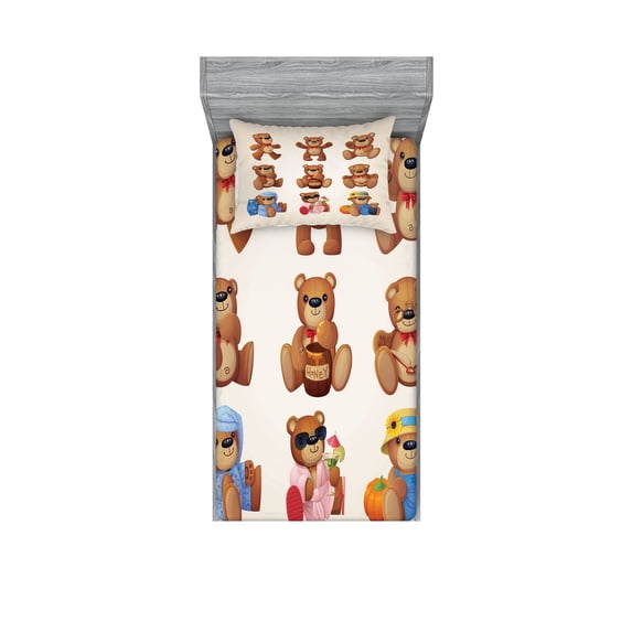 Ambesonne Cartoon Fitted Sheet & Pillow Sham Set, Teddy Bear Design, Twinxl, Chocolate Cream