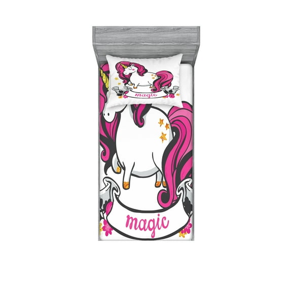 Ambesonne Cartoon Fitted Sheet & Pillow Sham Set, Unicorn with Pink Hair, Twinxl, Pink White