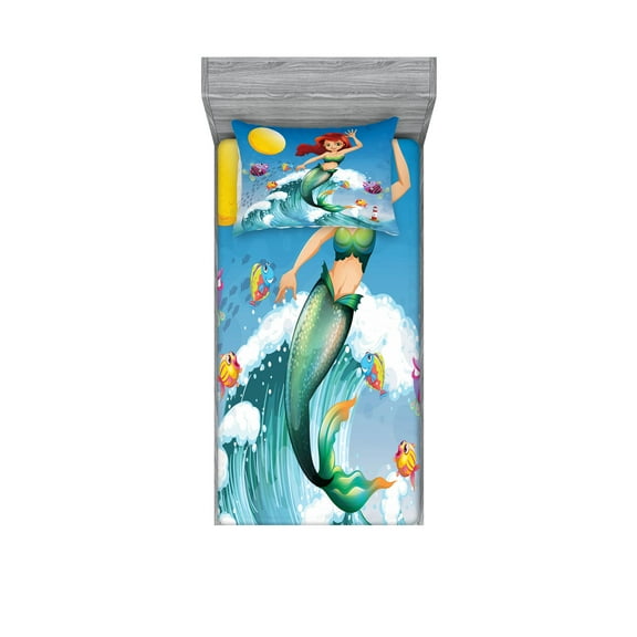 Ambesonne Cartoon Fitted Sheet & Pillow Sham Set, Wave with Fish, Twinxl, Multicolor