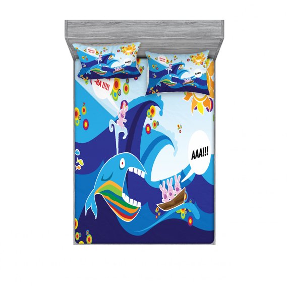 Ambesonne Cartoon Fitted Sheet & Pillow Sham Set, Whale Fish Rabbit Sun, Full, Multicolor