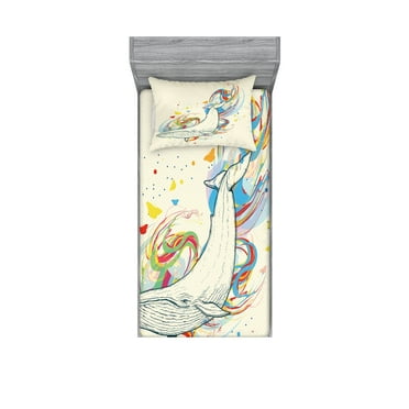Ambesonne Cartoon Fitted Sheet & Pillow Sham Set, Whale in Ocean Dive, Twin, Blue and White