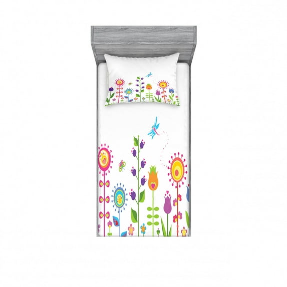 Ambesonne Cartoon Fitted Sheet & Pillow Sham Set, Whimsical Summer Floral, Twin, Multicolor