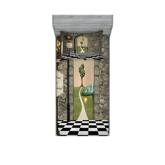 Ambesonne Cartoon Fitted Sheet & Pillow Sham Set, Wonderland Alice Art Motif, Twin, Multicolor