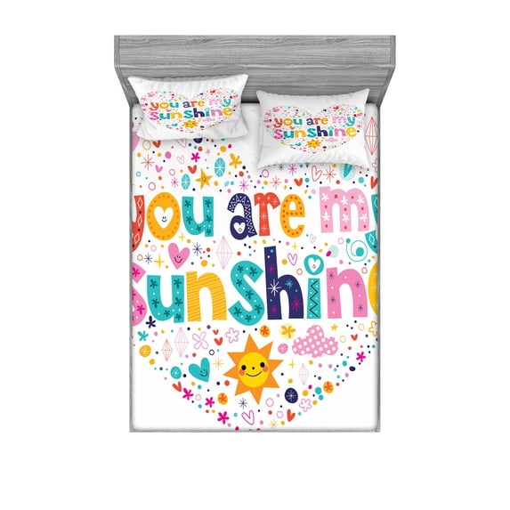 Ambesonne Cartoon Fitted Sheet & Pillow Sham Set, Words with Heart Shapes, Full, Multicolor