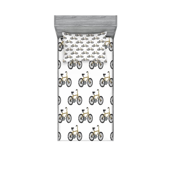 Ambesonne Cartoon Fitted Sheet & Pillow Sham Set, Yellow Bicycle Pattern, Twin, Mustard Black