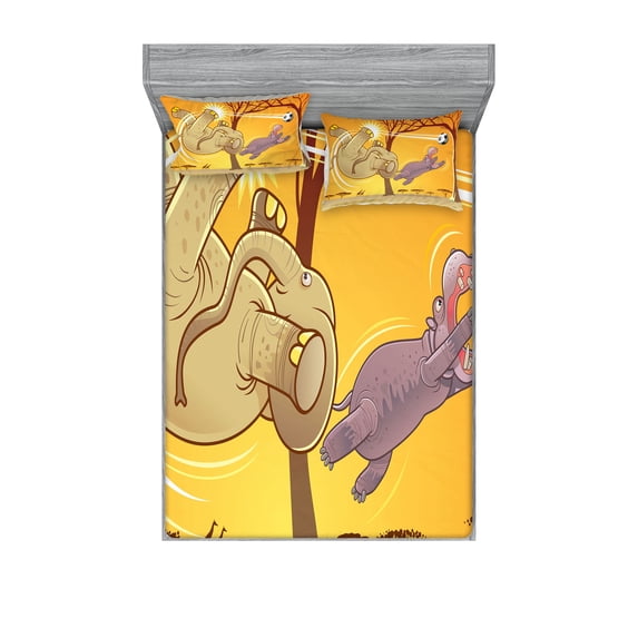 Ambesonne Cartoon Fitted Sheet & Pillow Sham Set, and Hippo Ball, Queen, Orange Umber Purple