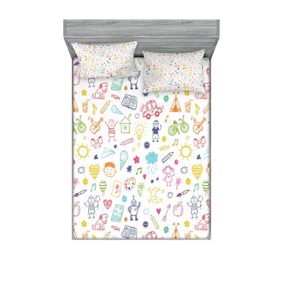 Ambesonne Cartoon Fitted Sheet & Pillow Sham Set, like Drawing, Calking, Multicolor