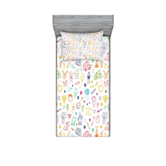 Ambesonne Cartoon Fitted Sheet & Pillow Sham Set, like Drawing, Twin, Multicolor