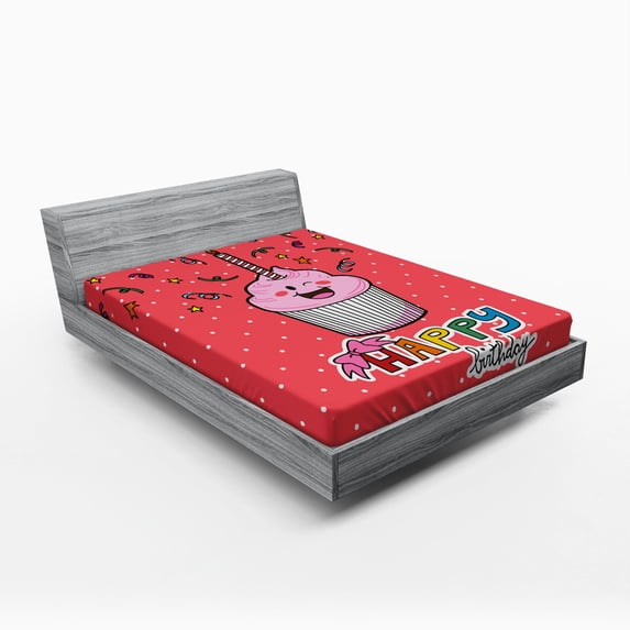 Ambesonne Cartoon Fitted Sheet, Pink Cupcake Bow, Queen Size, Multicolor