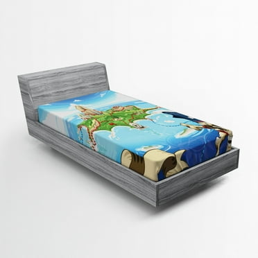 Ambesonne Cartoon Fitted Sheet, Pirate Island Skull, Twin Size, Multicolor