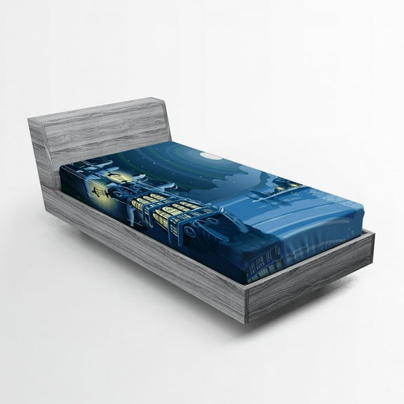 Ambesonne Cartoon Fitted Sheet, Pirate Ship Moon, Twin Size, Blue