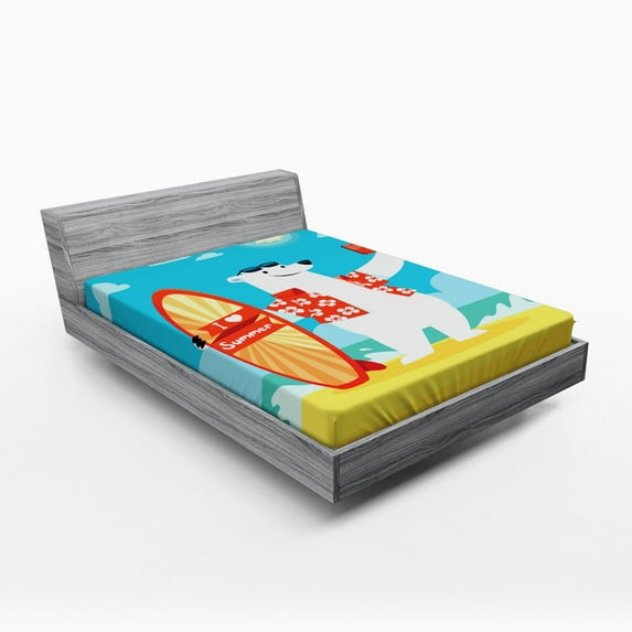 Ambesonne Cartoon Fitted Sheet, Polar Bear Selfie Surf, Full Size, Aqua Yellow
