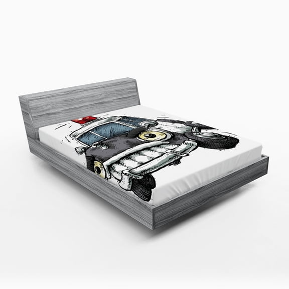 Ambesonne Cartoon Fitted Sheet, Police Car Art Image, Queen Size, Black and White