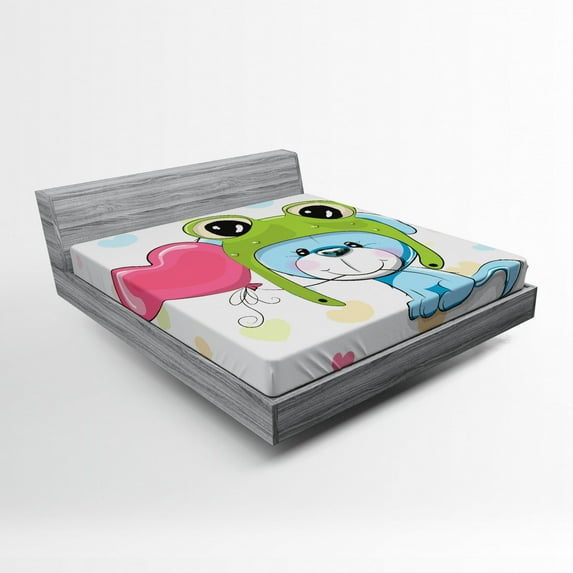 Ambesonne Cartoon Fitted Sheet, Puppy Dog in Frog Hat, Full Size, Blue Pink Green