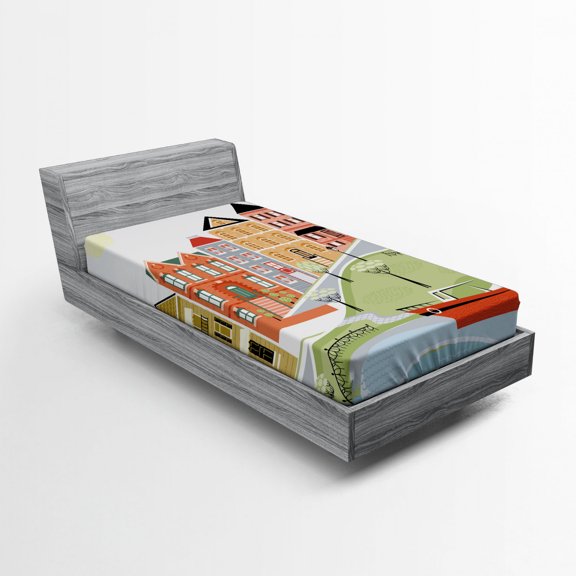 Ambesonne Cartoon Fitted Sheet, Quaint Village Street, Twin Size, Green Teal