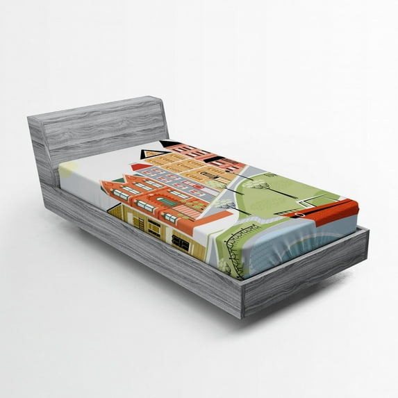 Ambesonne Cartoon Fitted Sheet, Quaint Village Street, Twin XL Size, Green Teal