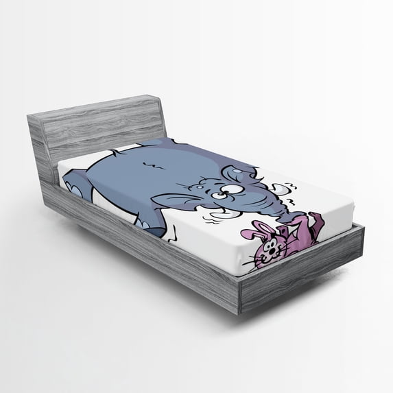 Ambesonne Cartoon Fitted Sheet, Rabbit Mascot Animal, Twin XL Size, Grey Pink White