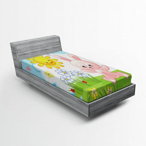 Ambesonne Cartoon Fitted Sheet, Rabbit in Garden, Twin XL Size, Multicolor