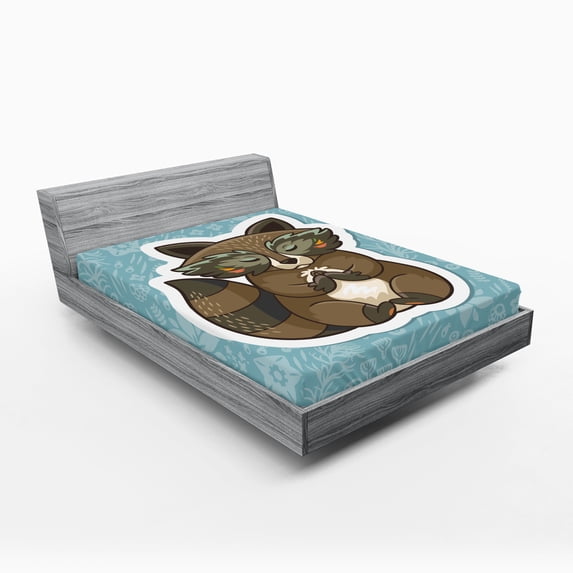 Ambesonne Cartoon Fitted Sheet, Raccoon on Meadow, Queen Size, Dark Green Turquoise