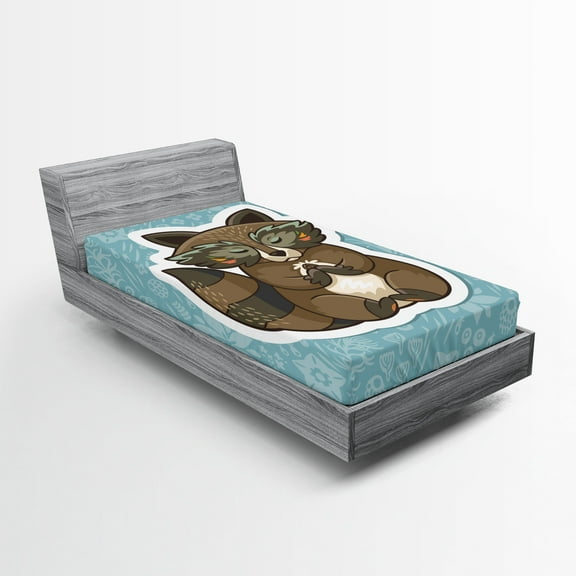 Ambesonne Cartoon Fitted Sheet, Raccoon on Meadow, Twin Size, Dark Green Turquoise