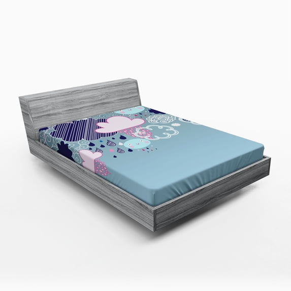 Ambesonne Cartoon Fitted Sheet, Rain Smiling Faces, Queen Size, Pink Blue