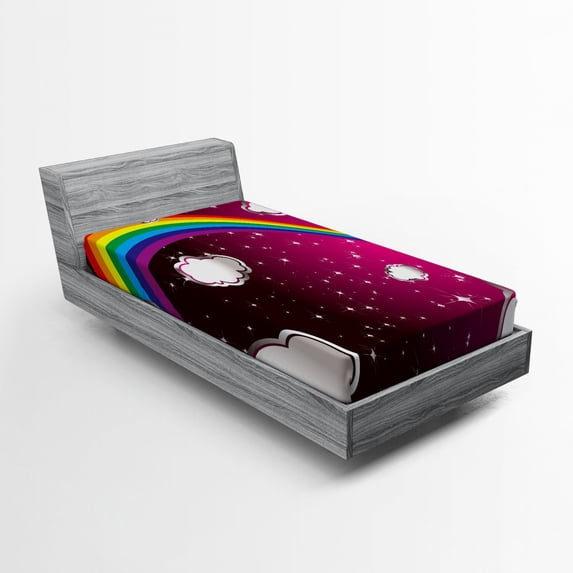 Ambesonne Cartoon Fitted Sheet, Rainbow Colored Stars, Twin Size, Maroon and White