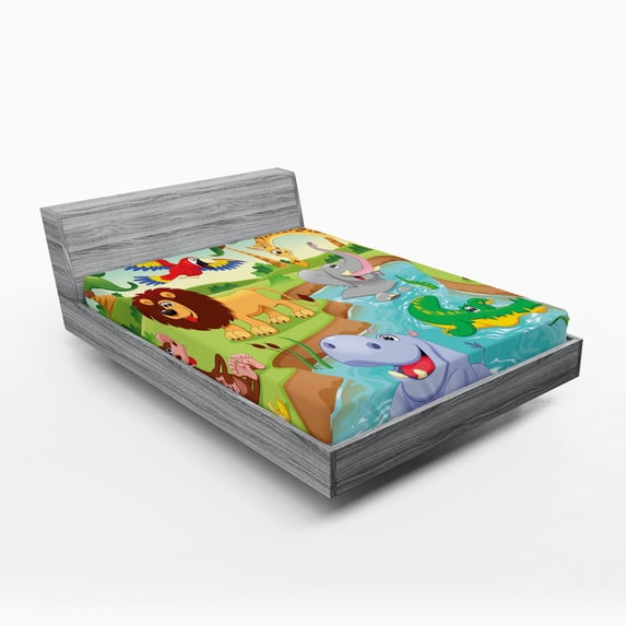 Ambesonne Cartoon Fitted Sheet, Savannah Animals Colorful, Queen Size, Multicolor