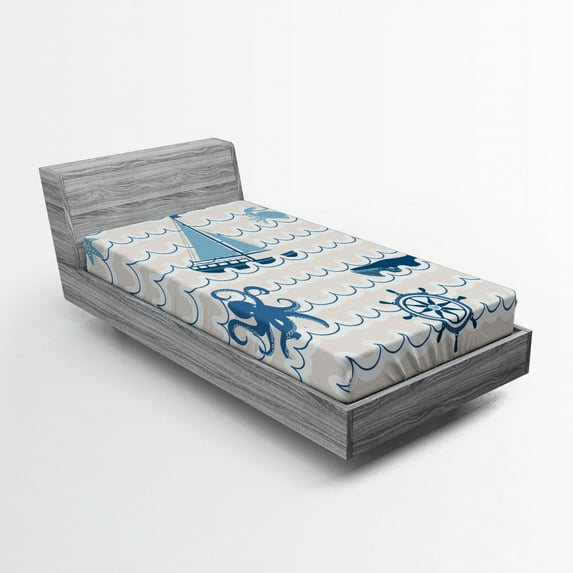 Ambesonne Cartoon Fitted Sheet, Ship Whale Waves, Twin Size, Beige Blue White