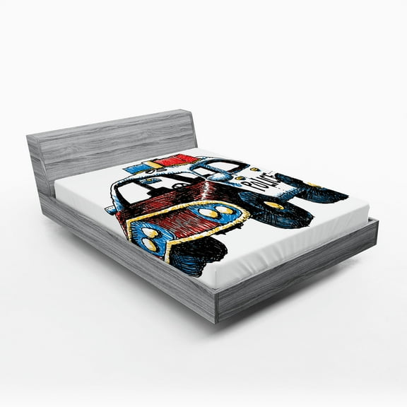 Ambesonne Cartoon Fitted Sheet, Sketchy Police Car, Queen Size, Red Yellow and Blue