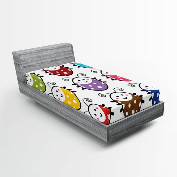 Ambesonne Cartoon Fitted Sheet, Smiling Ladybugs Set, Twin Size, Multicolor
