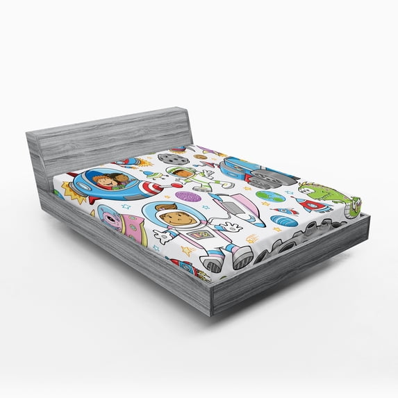 Ambesonne Cartoon Fitted Sheet, Space Rocket, Full Size, Multicolor