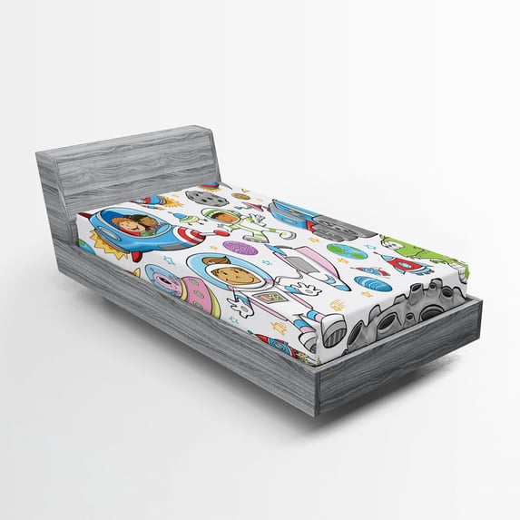 Ambesonne Cartoon Fitted Sheet, Space Rocket, Twin XL Size, Multicolor