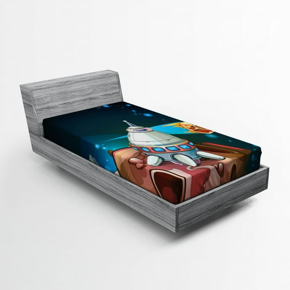 Ambesonne Cartoon Fitted Sheet, Spacecraft Planet Space, Twin XL Size, Multicolor