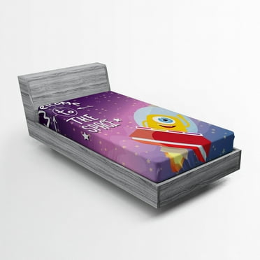 Ambesonne Cartoon Fitted Sheet, Spaceship Alien, Twin Size, Purple Blue