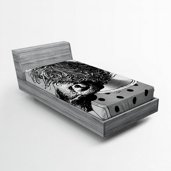 Ambesonne Cartoon Fitted Sheet, Teddy Bear Love, Twin Size, Charcoal Grey White