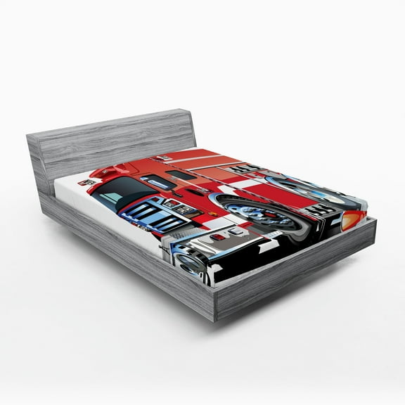 Ambesonne Cartoon Fitted Sheet, Truck Rescue Team Art, Full Size, Grey Red