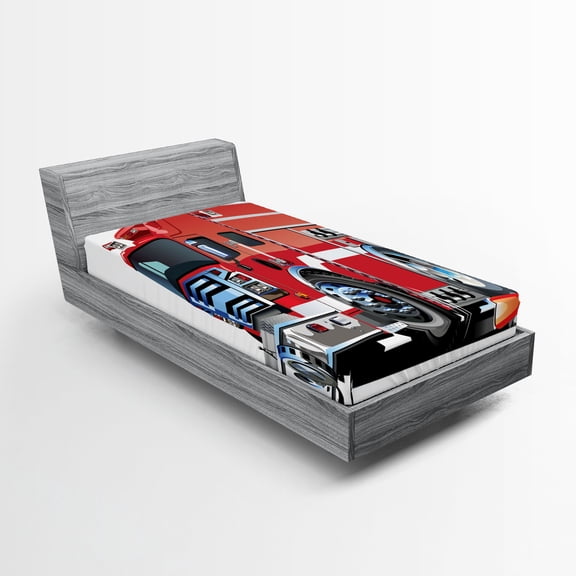 Ambesonne Cartoon Fitted Sheet, Truck Rescue Team Art, Twin XL Size, Grey Red
