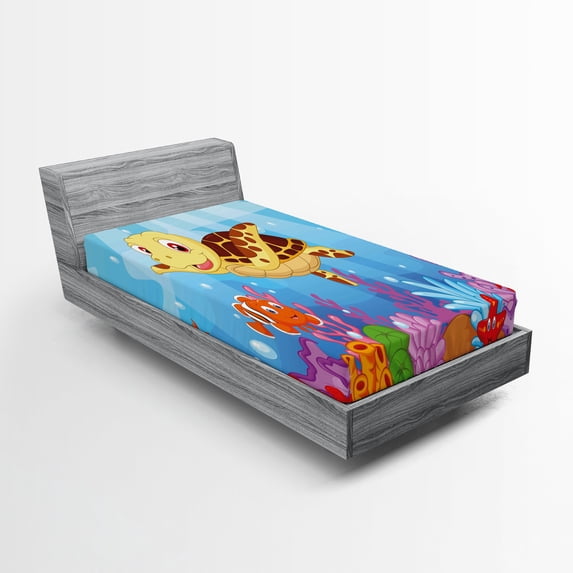 Ambesonne Cartoon Fitted Sheet, Turtle Fishes, Twin XL Size, Multicolor
