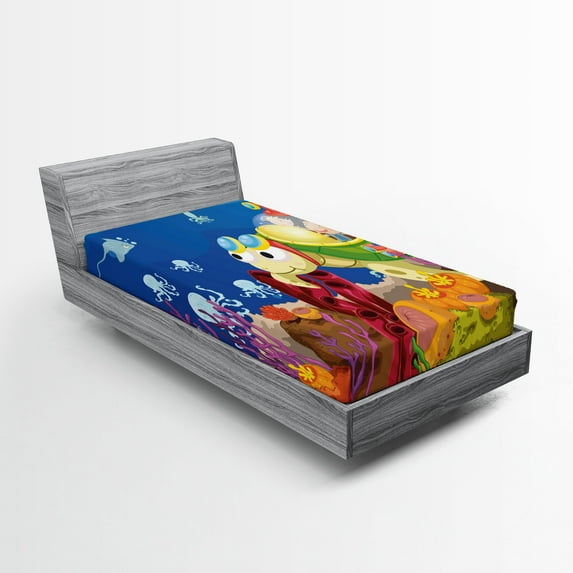 Ambesonne Cartoon Fitted Sheet, Turtle, Twin Size, Multicolor