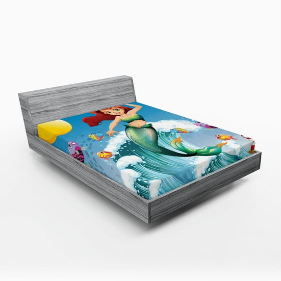Ambesonne Cartoon Fitted Sheet, Wave with Fish, Full Size, Multicolor