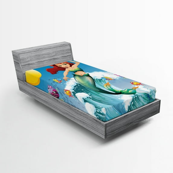 Ambesonne Cartoon Fitted Sheet, Wave with Fish, Twin Size, Multicolor