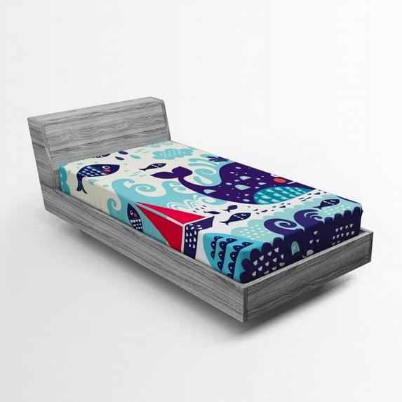 Ambesonne Cartoon Fitted Sheet, Whale an Fishes, Twin XL Size, Purple