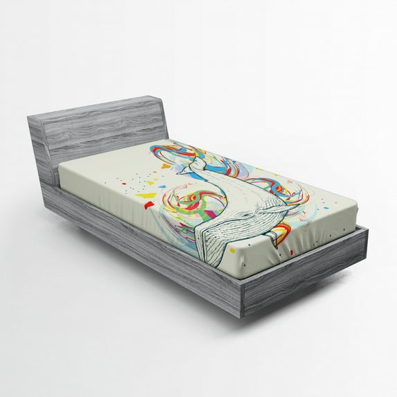 Ambesonne Cartoon Fitted Sheet, Whale in Ocean Dive, Twin XL Size, Blue and White