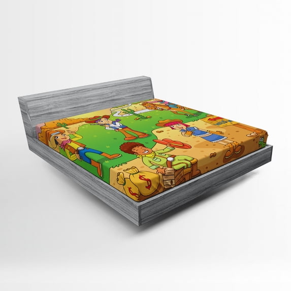 Ambesonne Cartoon Fitted Sheet, Wild West Cowboy, Full Size, Brown Green