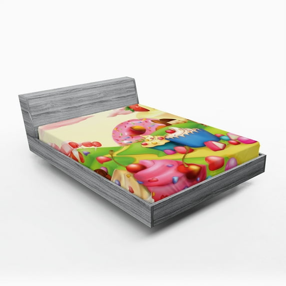 Ambesonne Cartoon Fitted Sheet, Yummy Donuts Land, Queen Size, Multicolor